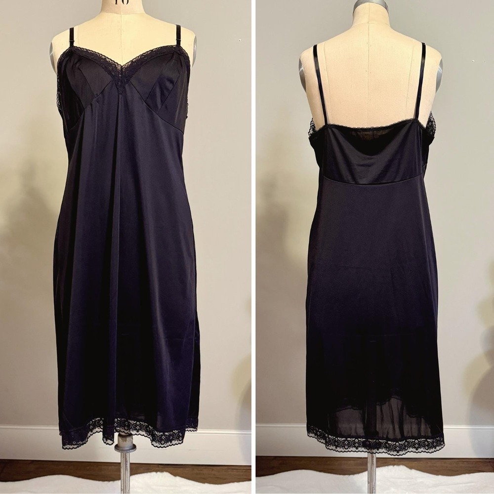 Vanity Fair Black Full Slip Nightgown Womens L Nylon Lace Trim Midi Minimal